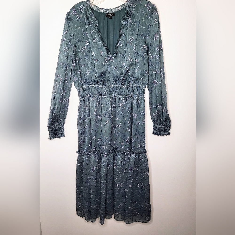 Current Air Size L Midi Dress Long Sheer Sleeved, Ruffles, Metallic Details Teal